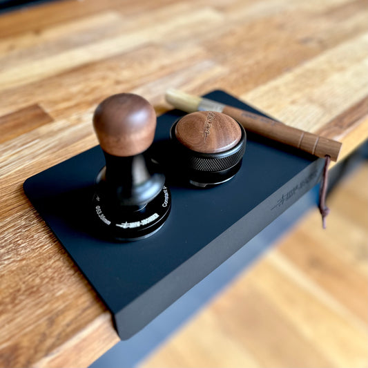 Black Silicone Coffee Tamping Mat and Wooden Brush